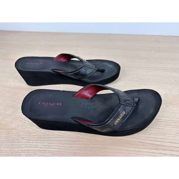 Coach Black Leather Wedge Thong Sandals Platform Flip Flops Women's 8 - Picture 5 of 8